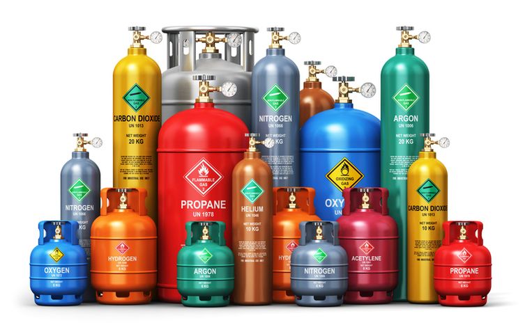 Creative abstract fuel industry manufacturing business concept: 3D render illustration of the set of color metal steel containers or cylinders with different liquefied compressed natural gases LNG or LPG with high pressure gauge meters and valves isolated on white background